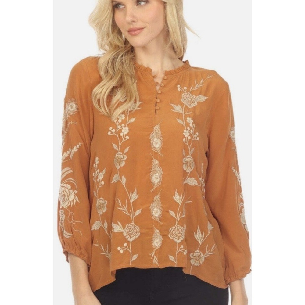 NWOT Johnny Was Silk Prairie Blouse S mustard Embroidered Peacock Floral